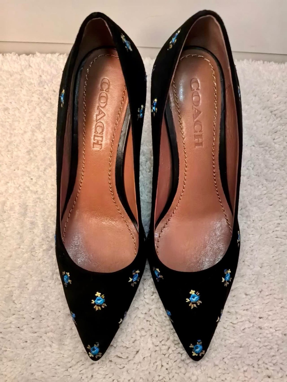 COACH Black Suede Pointed Toe Pumps with Blue & Gold Floral Embroidery